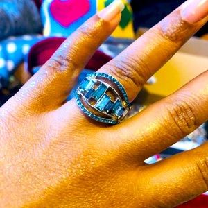 AQUA BLUE SILVER STRETCHY CLUSTER RING